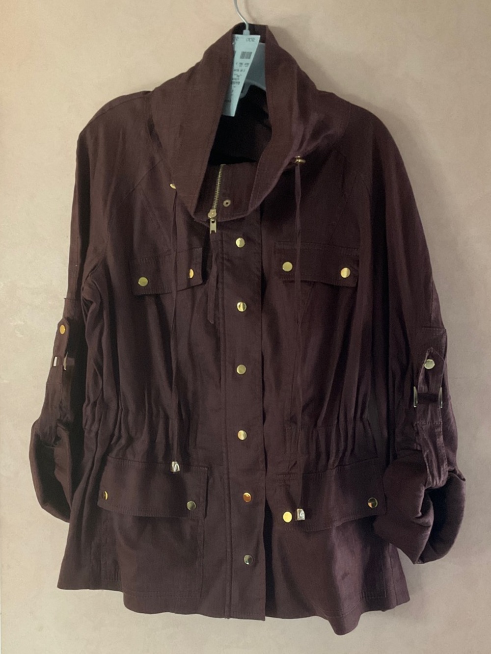 Cache Brown Linen Safari Style Flak Jacket with Gold Tone Detail, NWT, Size M
